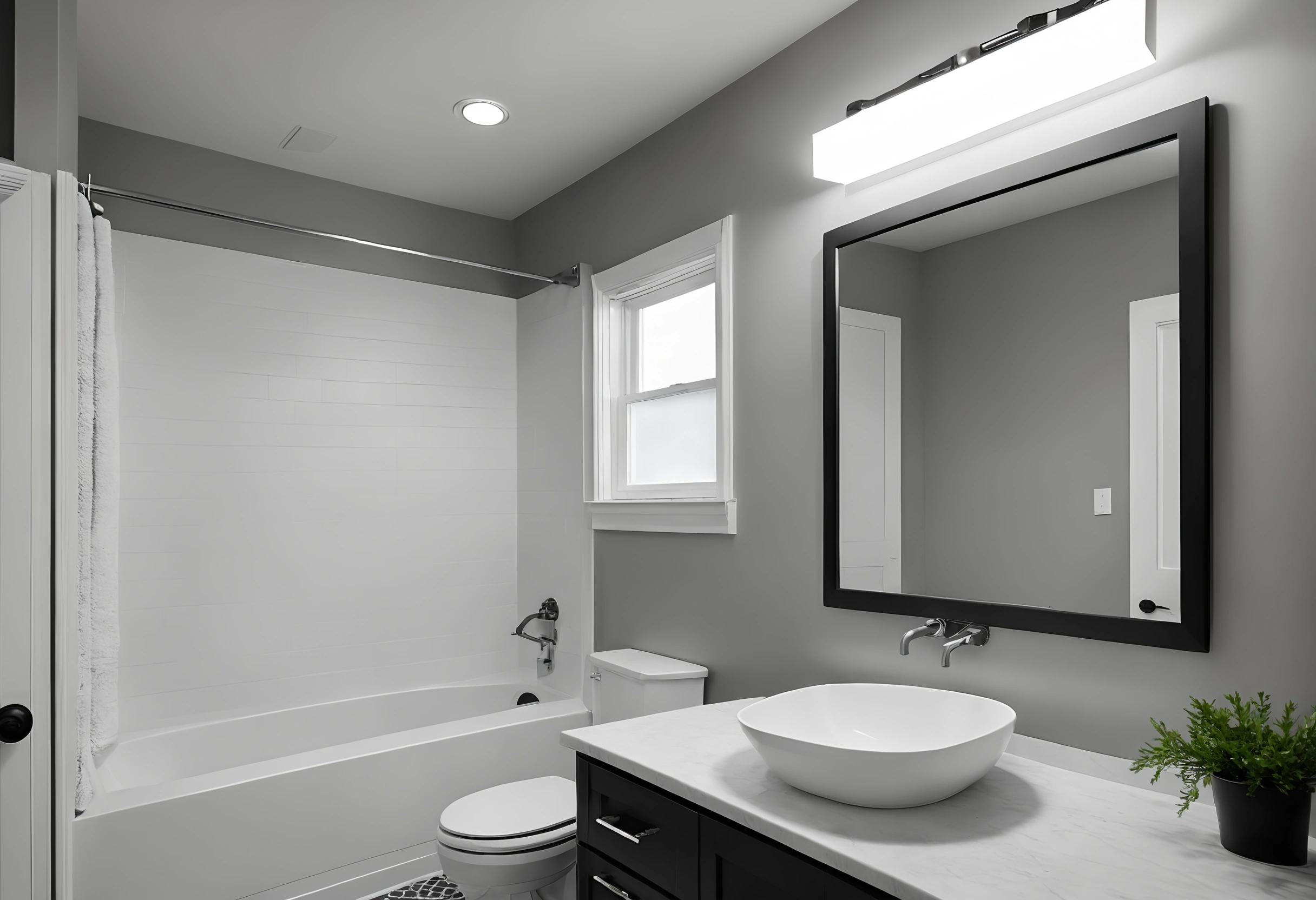 Tacoma bathroom with a white tub, grey walls, a small frosted window, black-framed mirror and a vessel sink on a dark vanity