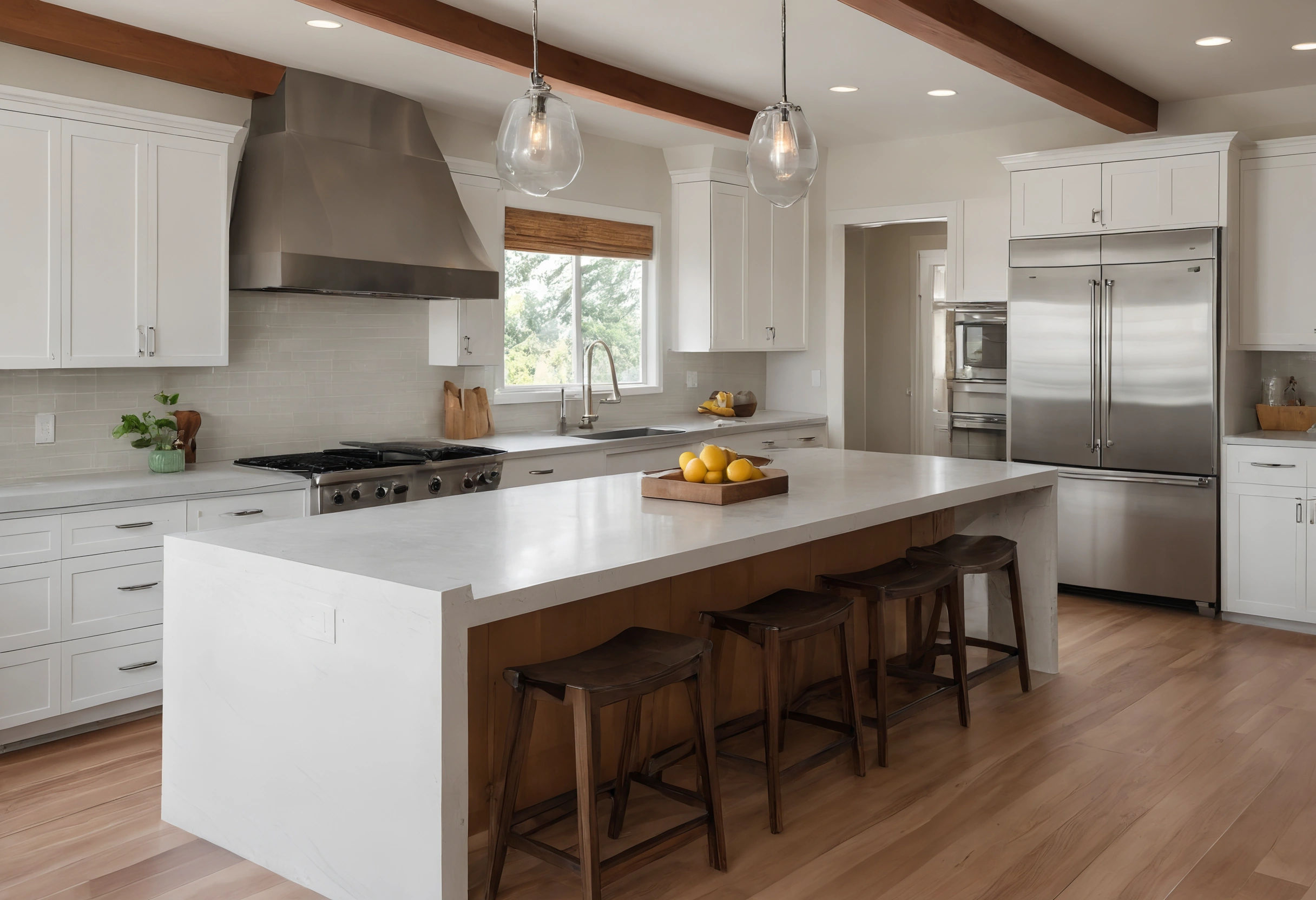 Tacoma kitchen with a stainless range hood over a gas range, white cabinets, quartz island with stools and exposed wood beams